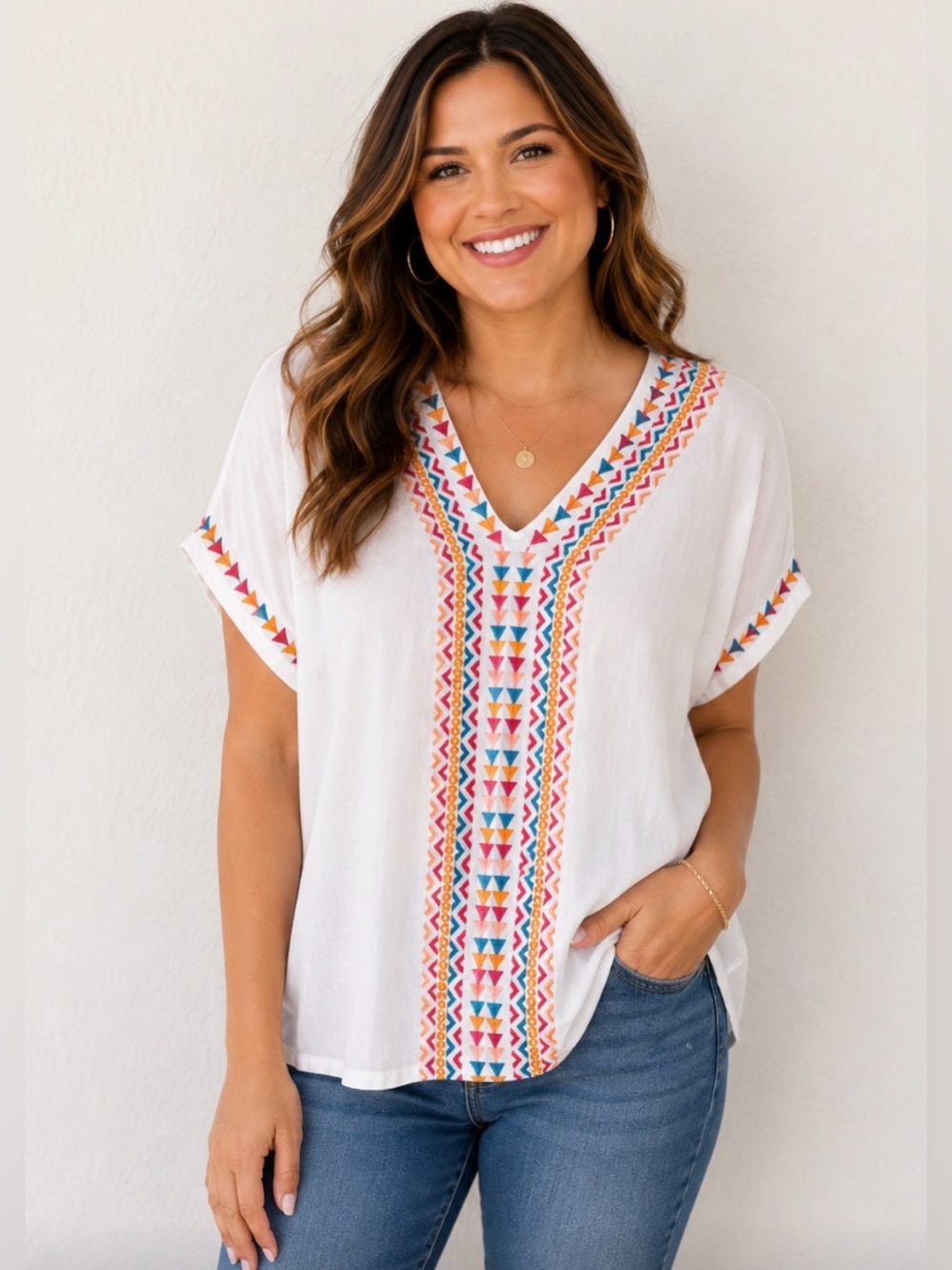 Savanna Jane White V-Neck Short Sleeve Top with Multicolor Embroidered Trim